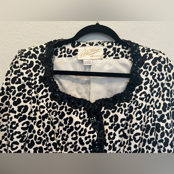 VTG 80s 2 Piece Suit Blazer Jacket Skirt Black White Leopard Print Sequin Trim 6 - Picture 3 of 13